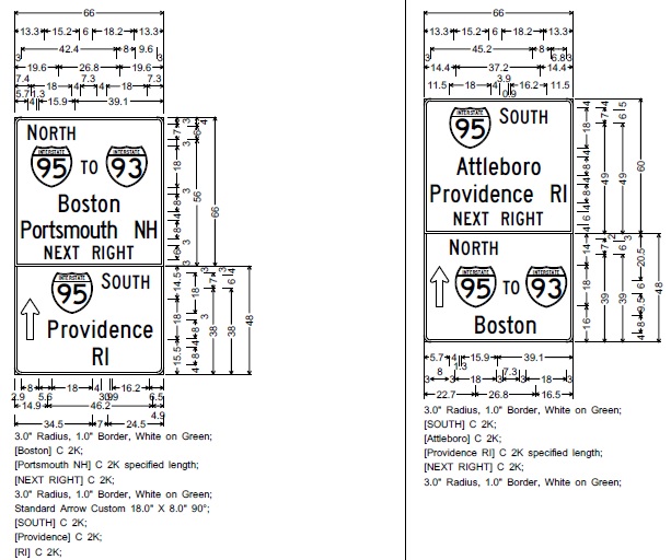Image of MassDOT plan for typical secondary road guide signs approaching I-95