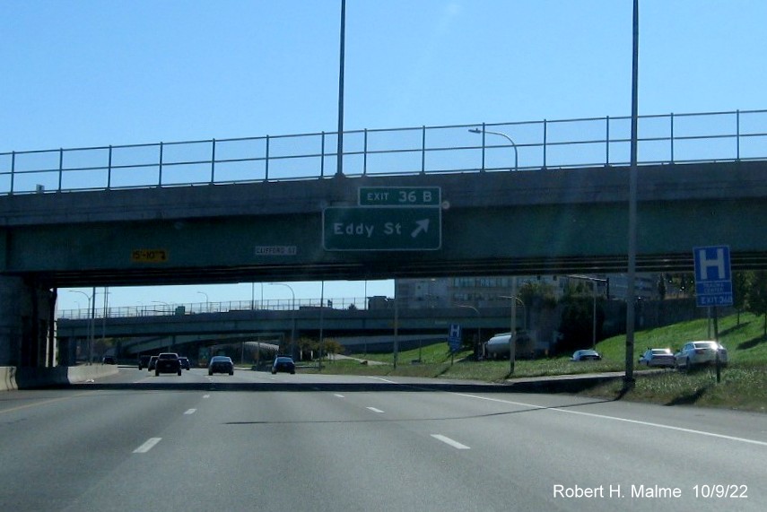 Image of bridge mounted ramp sign for Eddy Street exit with new milepost based exit number on I-95 South in Providence, October 2022
