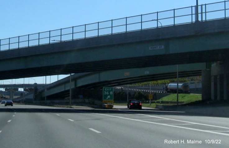 Image of bridge mounted ramp sign for Eddy Street exit with new milepost based exit number on I-95 South in Providence, October 2022