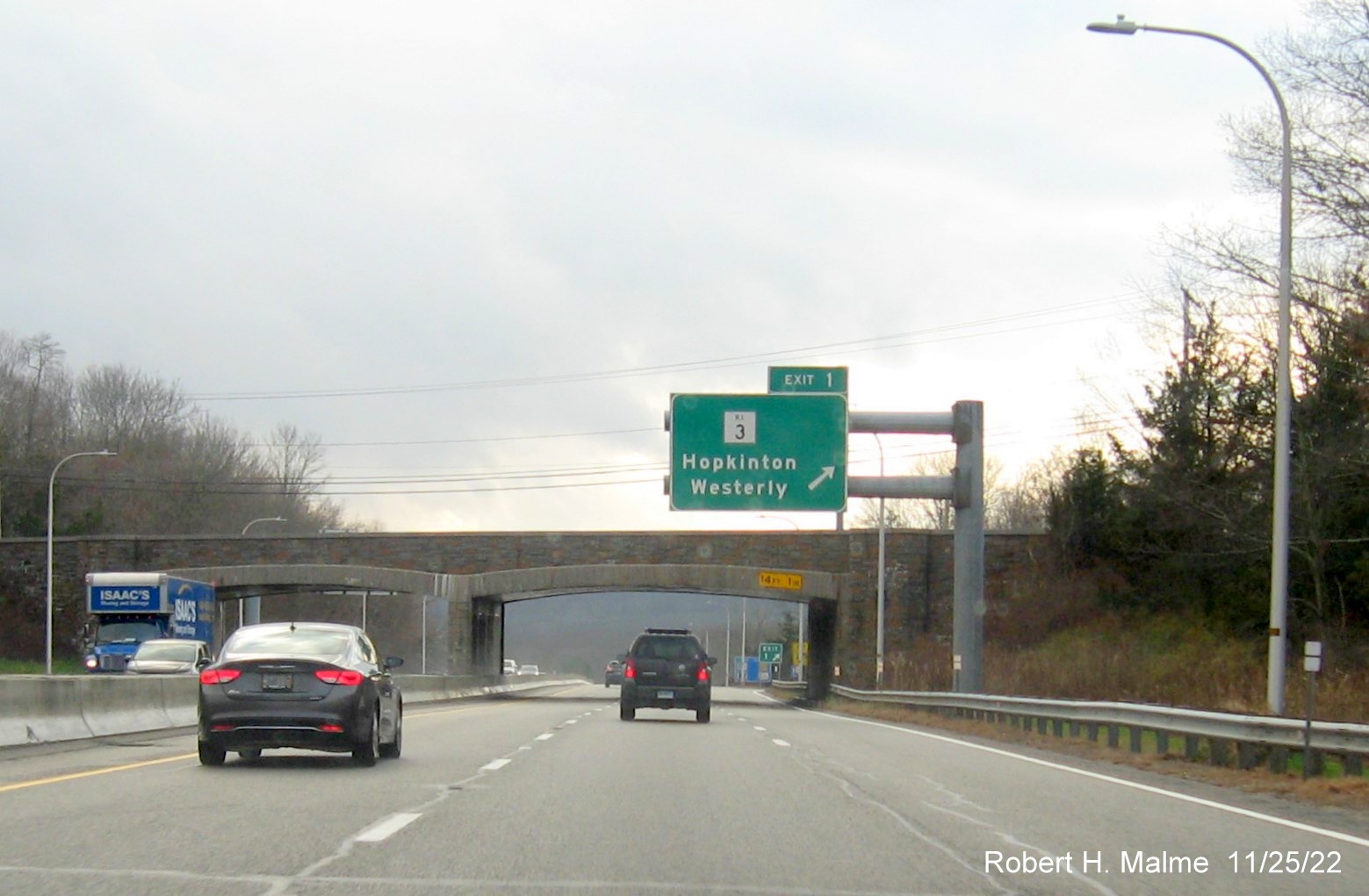 Image of overhead ramp sign for the RI 3 exit with unchanged exit number on I-95 South in Westerly, November 2022