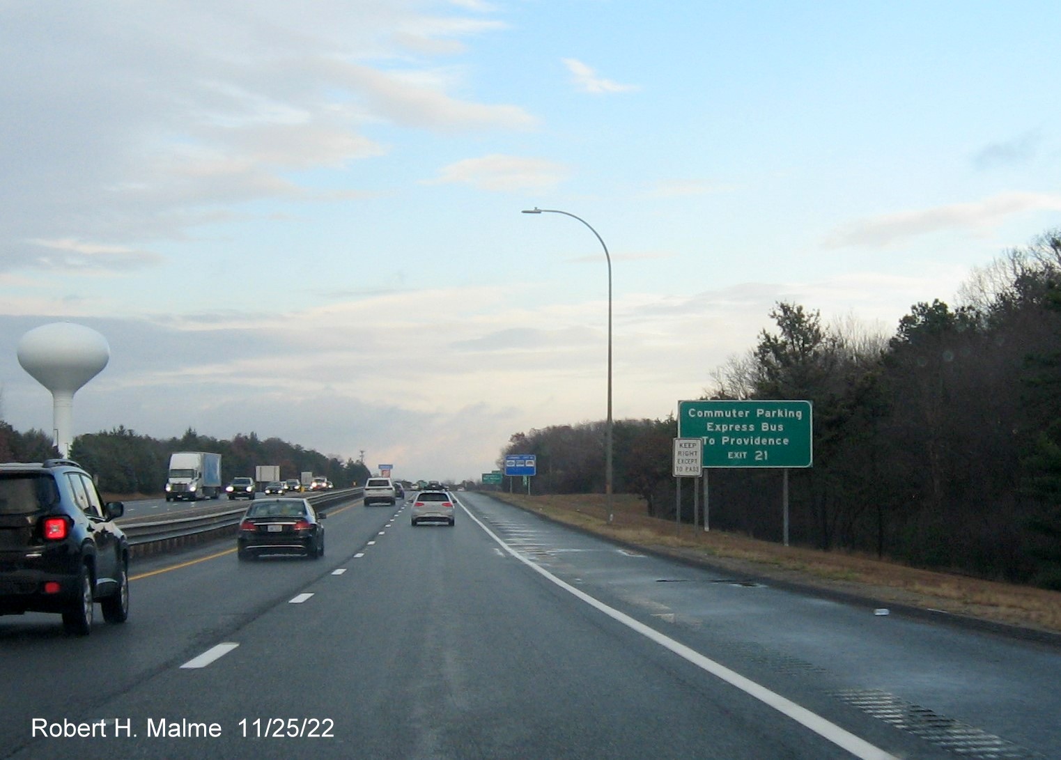 Image of ground mouted auxiliary sign for Coventry/West Warwick exit with new milepost based exit number on I-95 North, November 2022