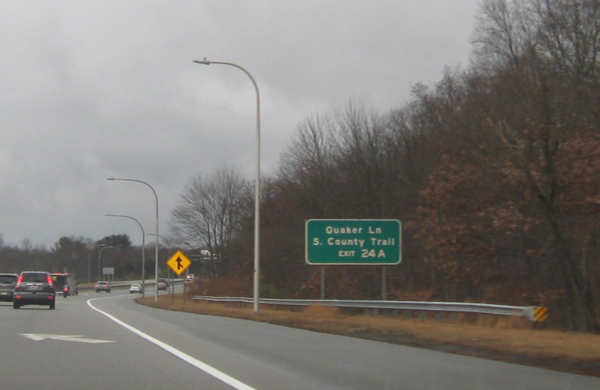 Image of auxiliary sign for RI 2 exit with new milepost based exit number on I-95 South in West Warwick, November 2022