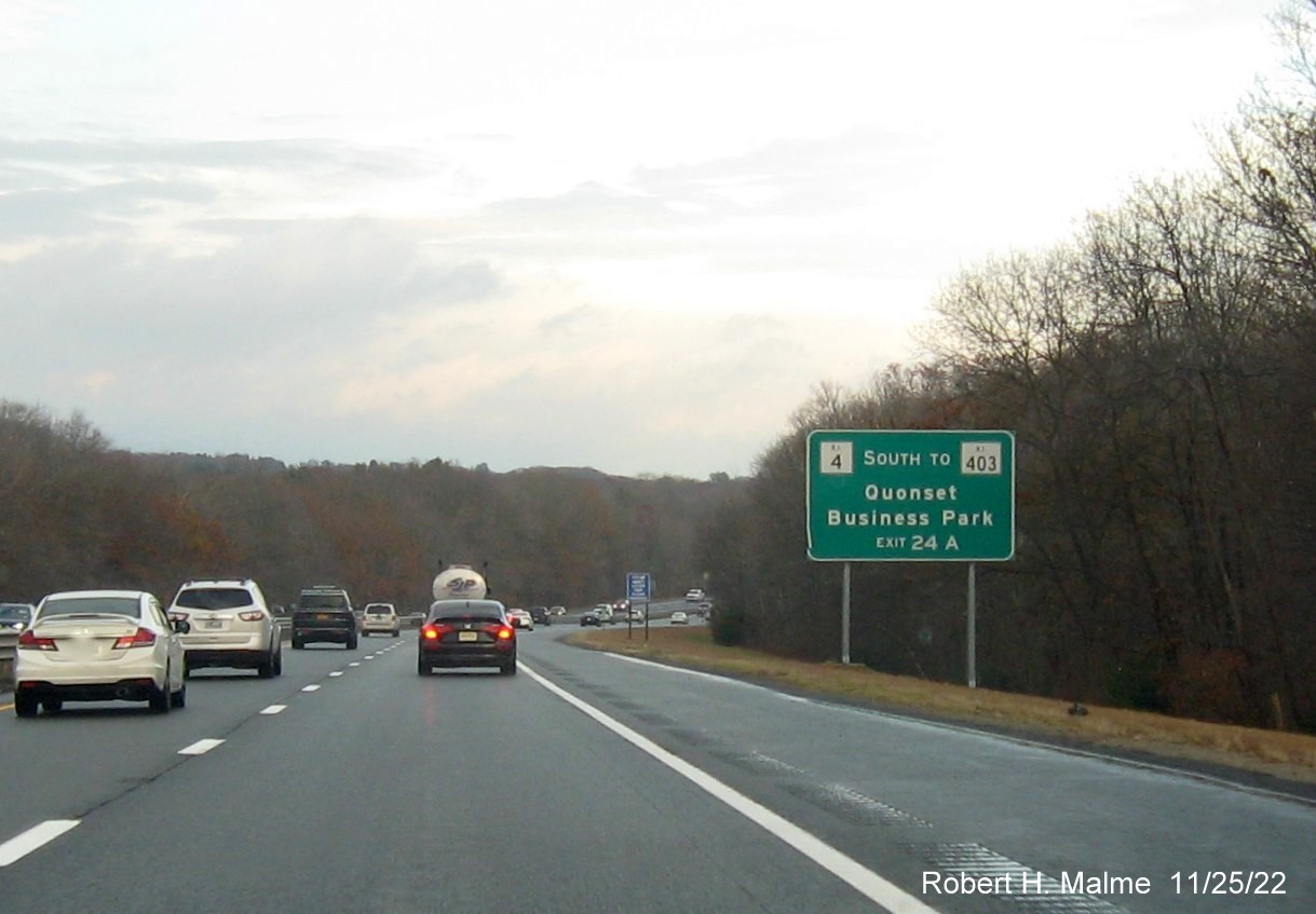 Image of auxiliary sign for RI 2 South to RI 4 exit with new milepost based exit number on I-95 South in West Warwick, October 2022