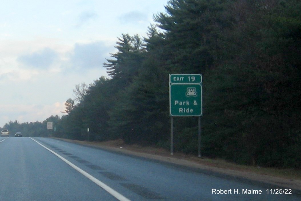 Image of ground mounted auxiliary Park & Ride sign for Hopkins Hill Road with new milepost based exit number on I-95 North in West Greenwich, November 2022