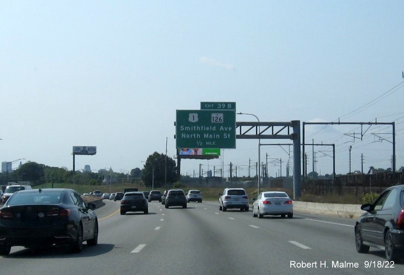 Overhead 1/2 mile advance for US 1/RI 126 exits with new milepost based exit numbers on I-95 South in Pawtucket, September 2022