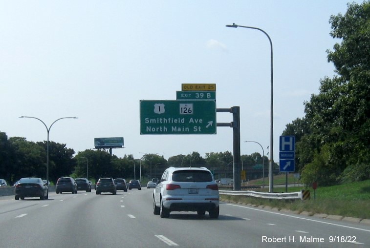 Overhead ramp sign for US 1 RI 126 exits with new milepost based exit numbers and Old Exit 25 sign on support on I-95 South in Pawtucket, September 2022