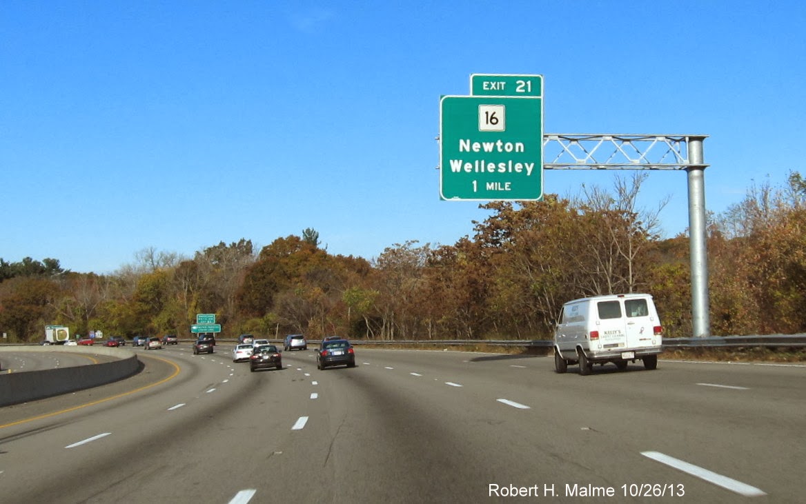 Image of new Overhead Sign for MA 16 Exit on I-95 North in Newton