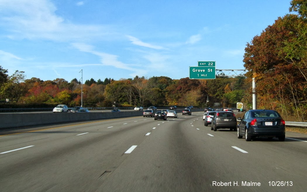 New overhead sign for Grove St exit on I-95 North in Newton