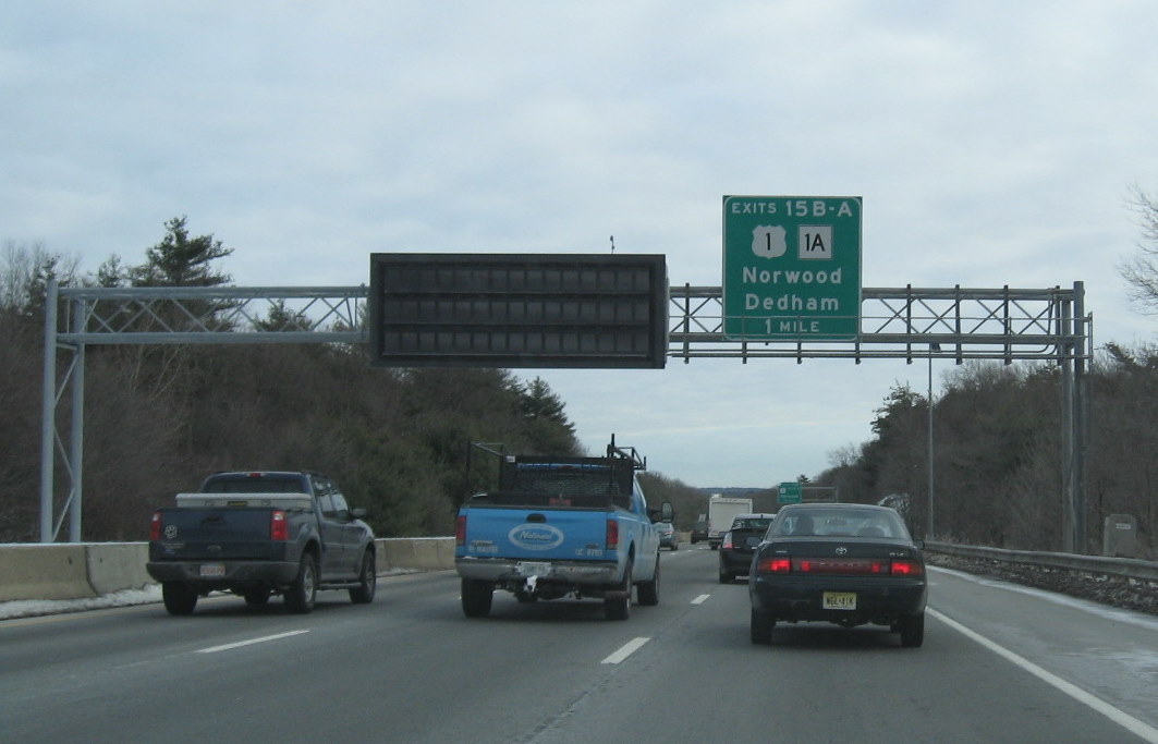 Image of exit signs along I-95/128 in Dedham in Jan. 2010