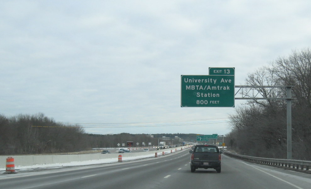 New interchange signage along I-95 South/US 1 North for 
University Ave./128 Railroad Station in Canton, Jan. 2010