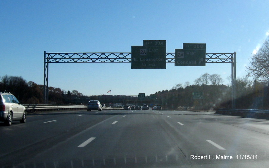 Image of new overhead signs for MA 2A on I-95 South in Concord
