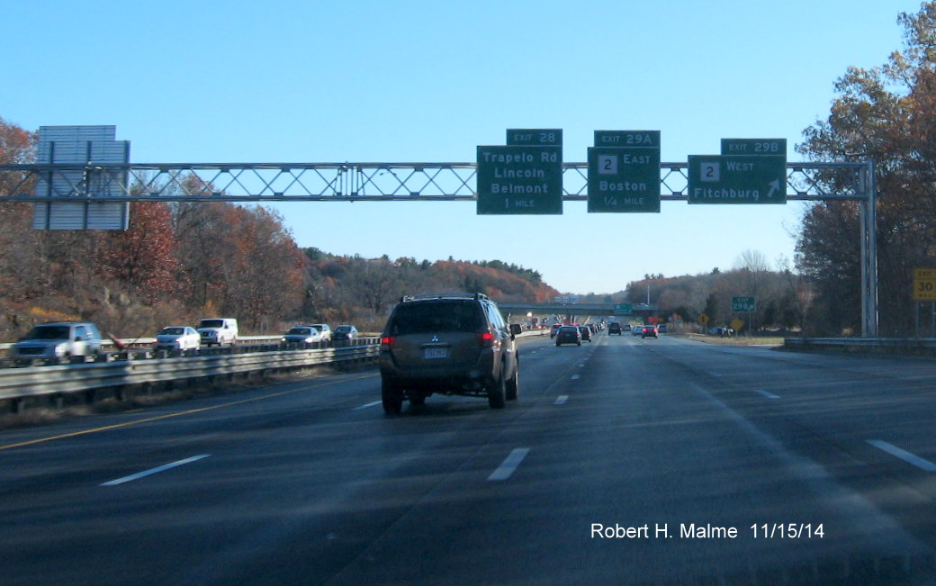 Image of new overhead signs for the MA 2 exit on I-95 South in Concord