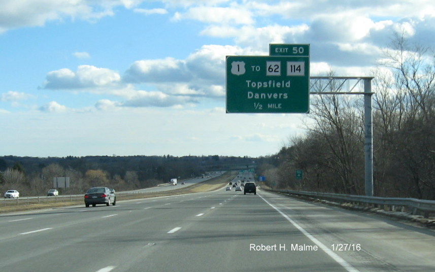 Image of newly placed 1/2 Mile Advance sign for US 1 exit on I-95 South in Danvers