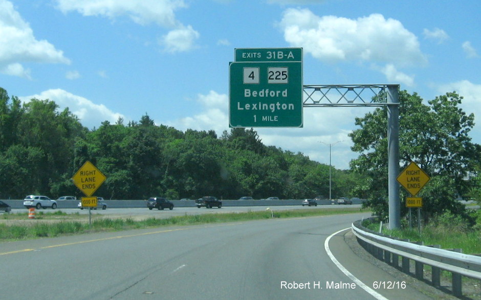 Image of overhead 1-mile advance sign for MA 4/225 exit on on-ramp from US 3 South in Burlington to I-95 South