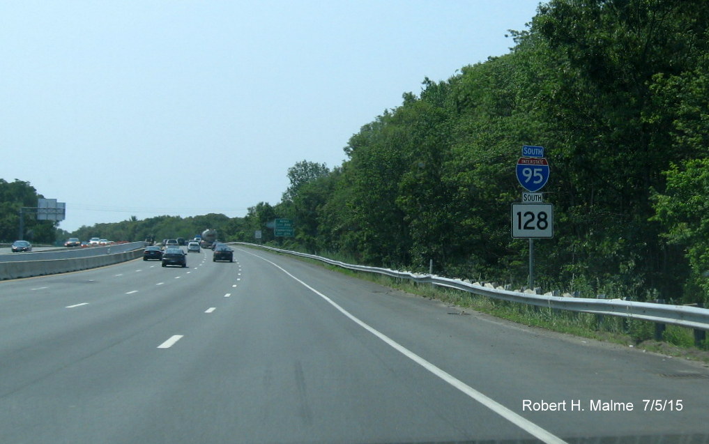 Image of new South I-95/MA 128 ressurance marker after MA 2A onramp in Lexington