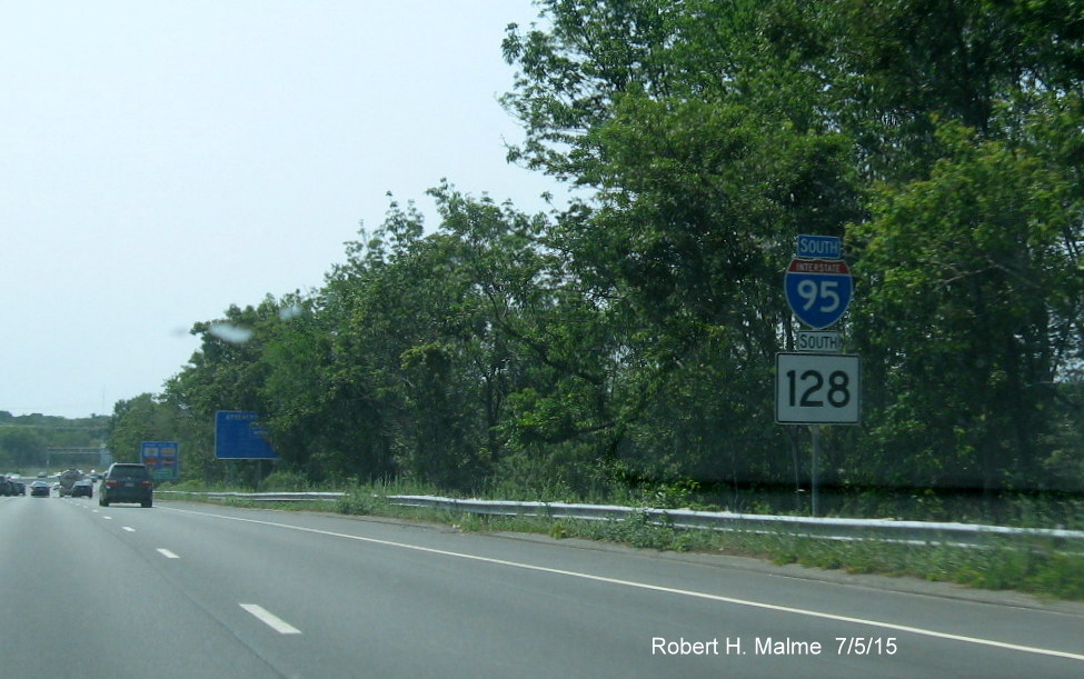 Image of new I-95/MA 128 South reassurance marker beyond Trapelo Rd onramp in Waltham