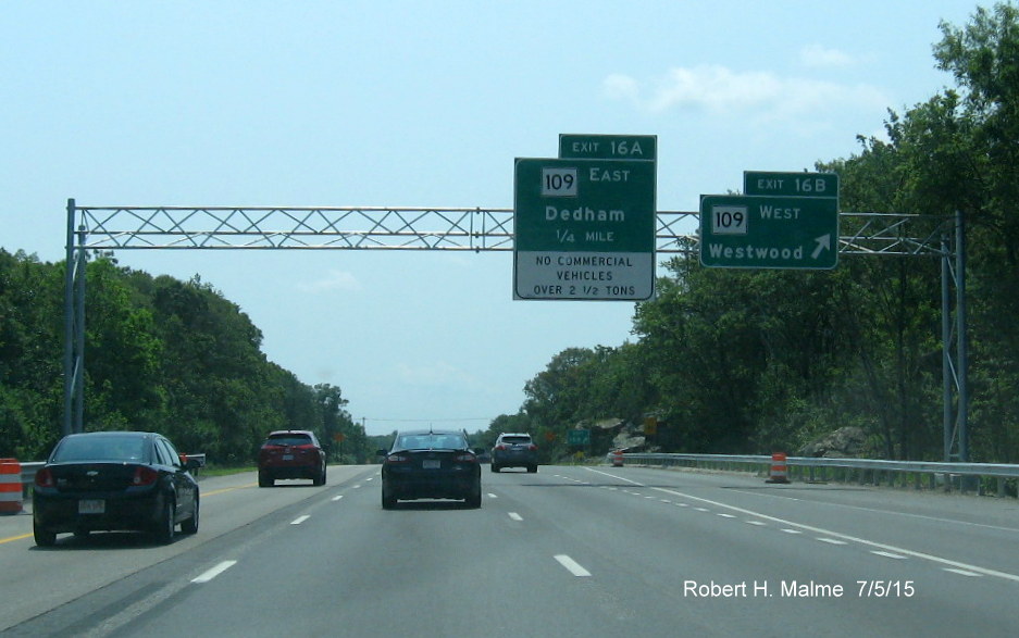 Image on new overhead signs for MA 109 exit on I-95 South in Dedham