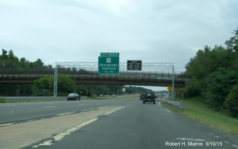 Image of overhead signs for MA 97 and Weigh Station on I-95 South in Georgetown