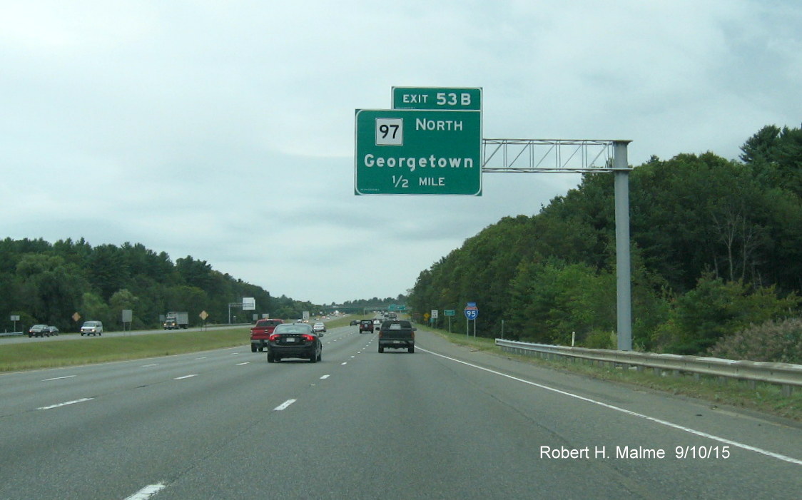 Image of new overhead 1/2 mile advance sign for MA 97 on I-95 South in Boxford