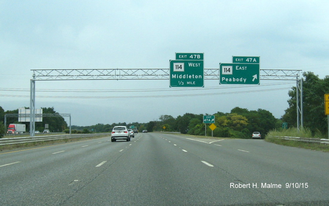 Image of overhead exits signs for MA 114 on I-95 North