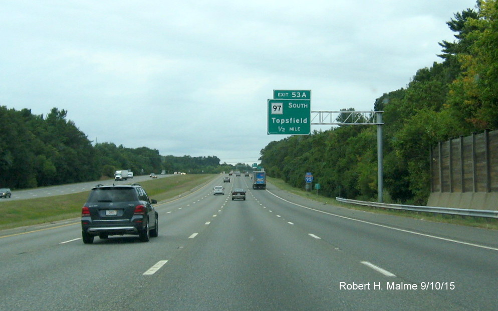 Image of new overhead 1/2 mile advance sign for MA 97 on I-95 North in Boxford