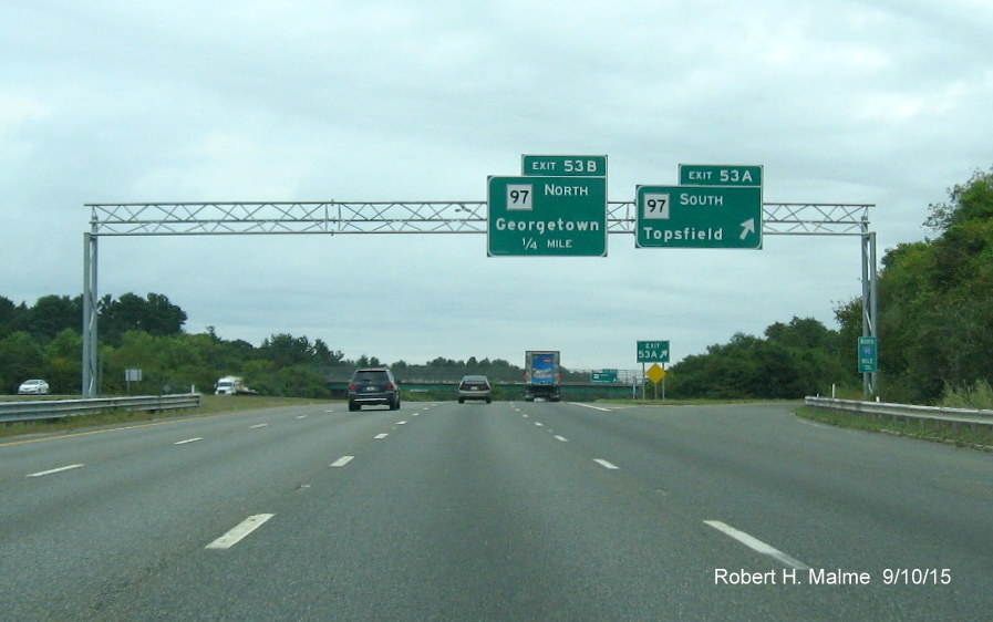 Image of overhead exit signage for MA 97 on I-95 North in Boxford