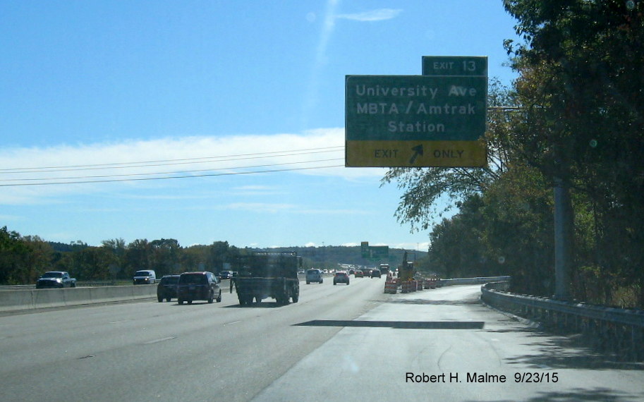 Image of second new overhead exit sign for University Ave. on I-95 South in Canton