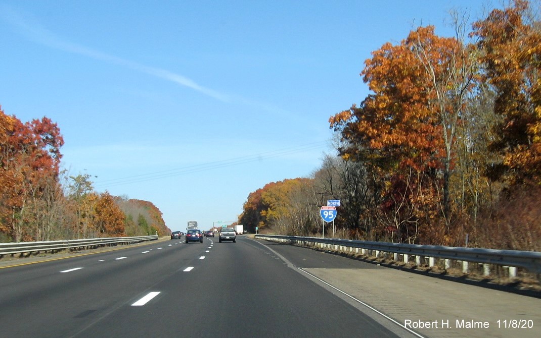 Image of second reassurance marker sign after US 1 exit on I-95 North in Attleboro, November 2020