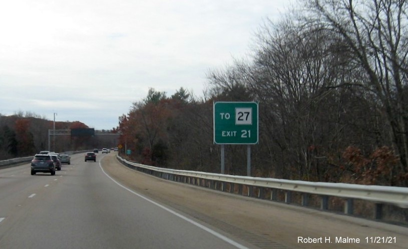 Recently placed auxiliary sign for Coney Street exit on I-95 South in Sharon, November 2021