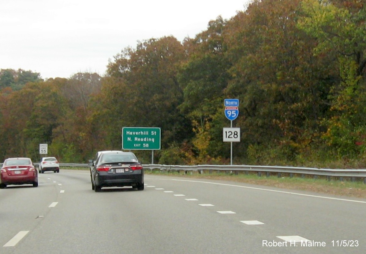 Image of recently placed North I-95/MA 128 reassurance marker after MA 28 exit in Reading, November 2023