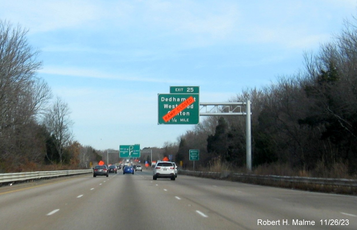 Image of recently placed 1 1/4 Miles advance sign for soon to open Dedham Street exit on I-95 North 
                                          in Canton, November 2023