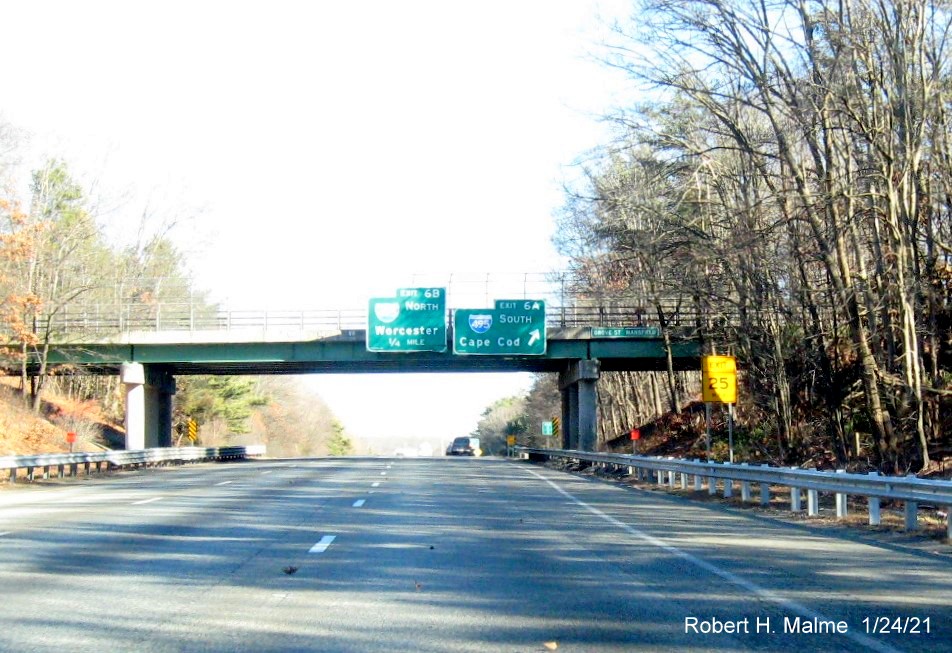 Image of orange contractor tag marking future site of 1/2 and 3/4 mile advance overhead signs for I-495 exits on I-95 North in Mansfield, January 2021