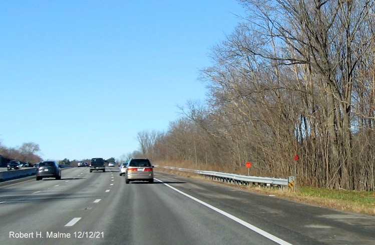 Image of recently placed foundation for future overhead advance sign along I-95/MA 128 South in Wakefield, December 2021