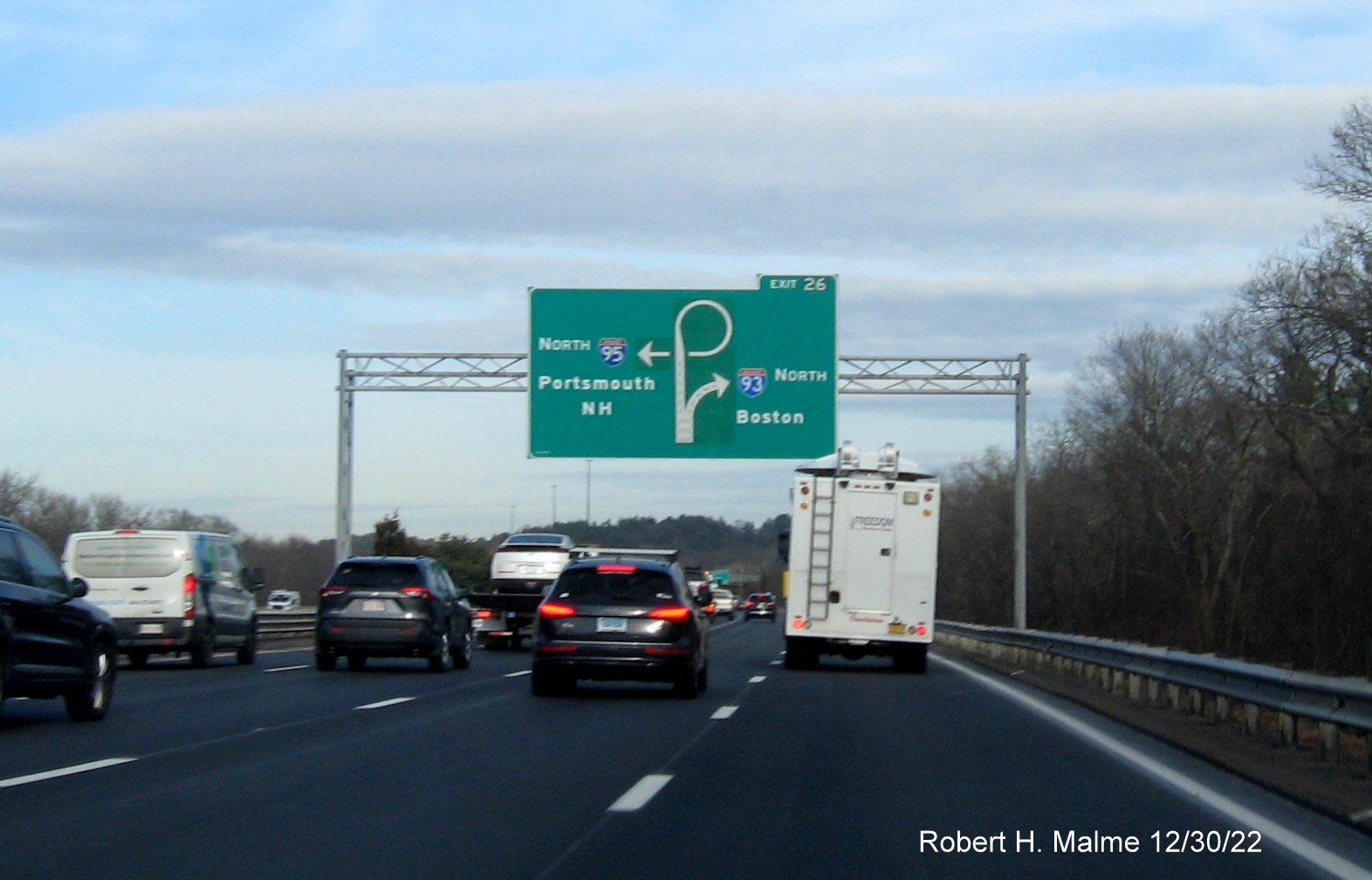 Image of revised 1/2 Mile advance diagrammatic sign for I-93/US 1 exit and expanded roadway to 4 
                                           lanes on I-95 North in Canton, December 2022