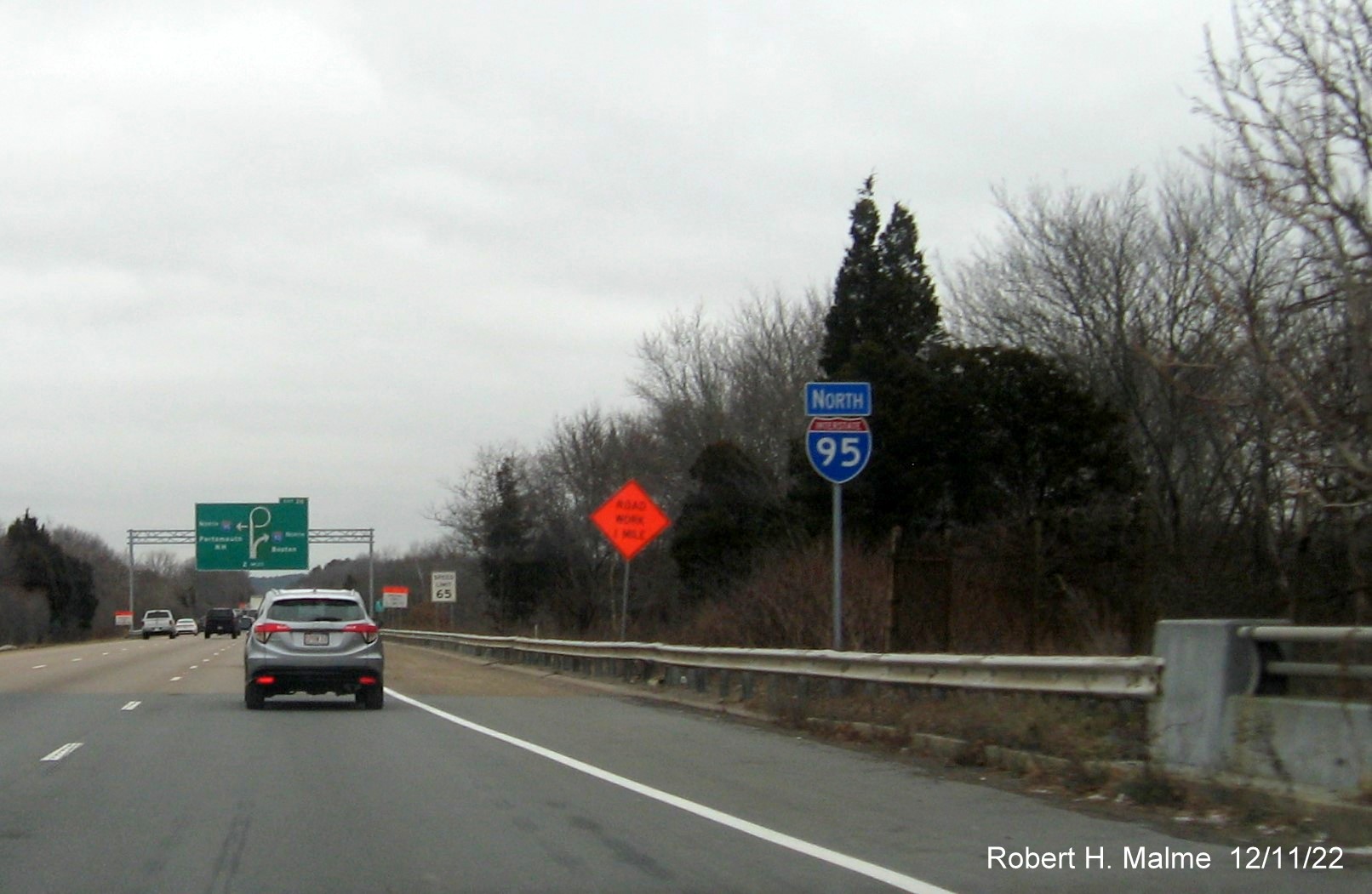 Image of recently placed North I-95 reassurance marker in Norwood, December 2022