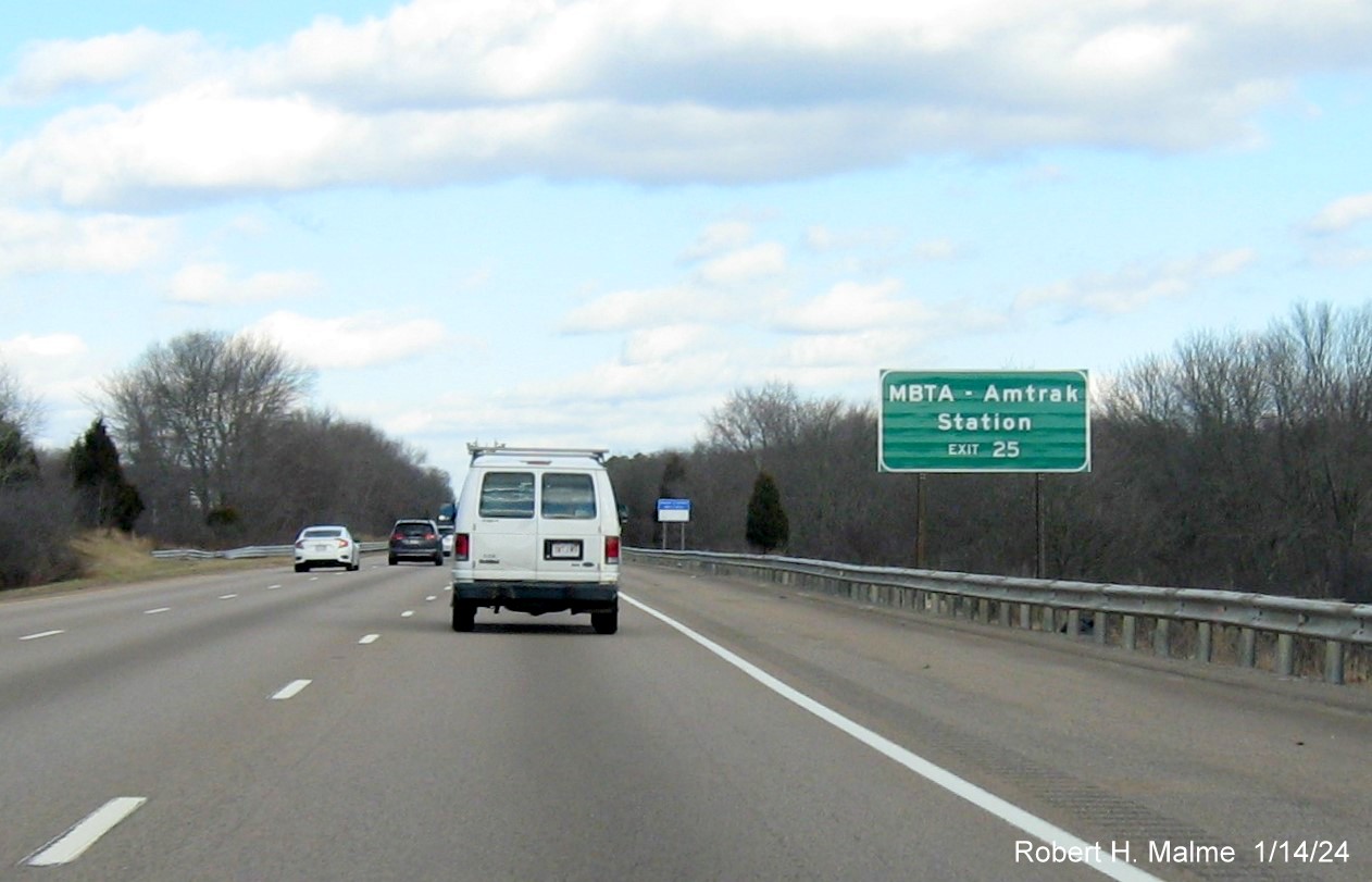 Image of recently placed auxiliary sign for newly opened Dedham Street exit on I-95 North in Canton, January 2024