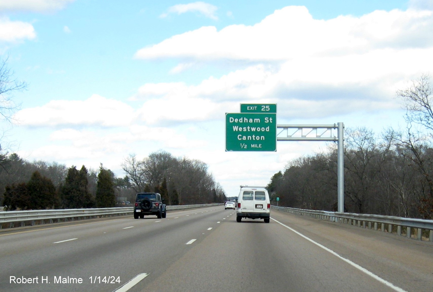 Image of 1/2 Mile advance overhead sign for newly opened Dedham Street exit on I-95 North in Canton, January 2024