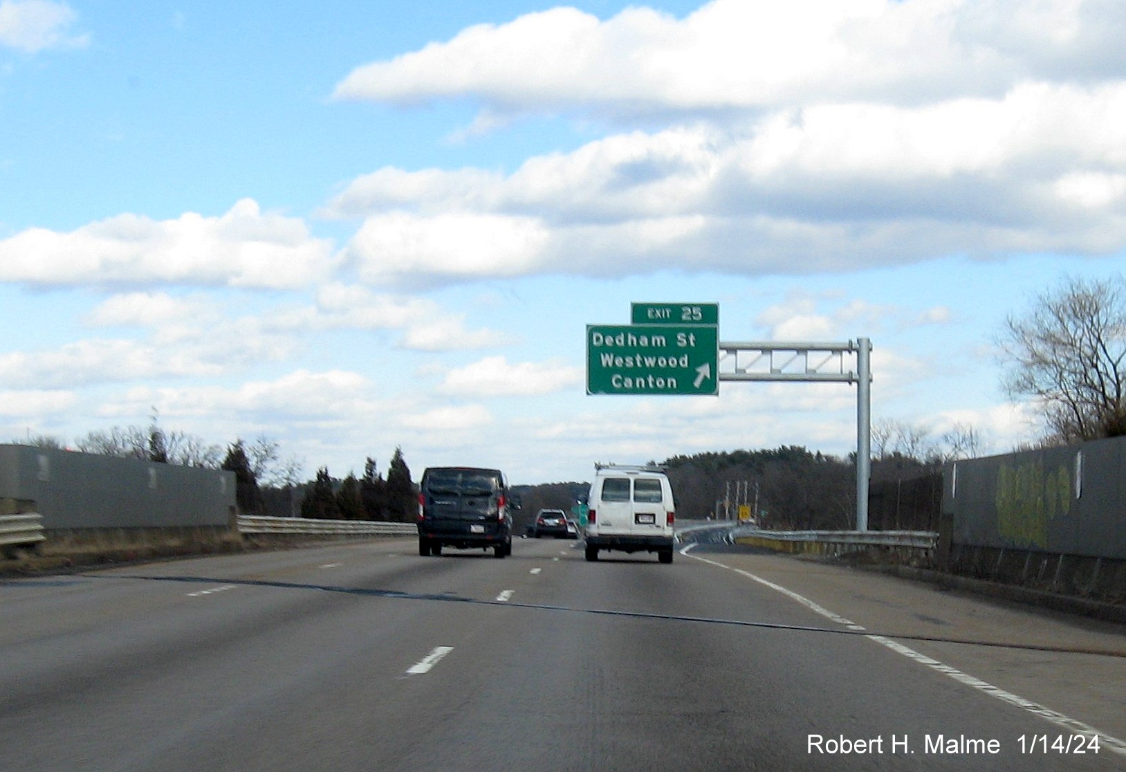 Image of overhead ramp sign for newly opened Dedham Street exit on I-95 North in Canton, January 2024