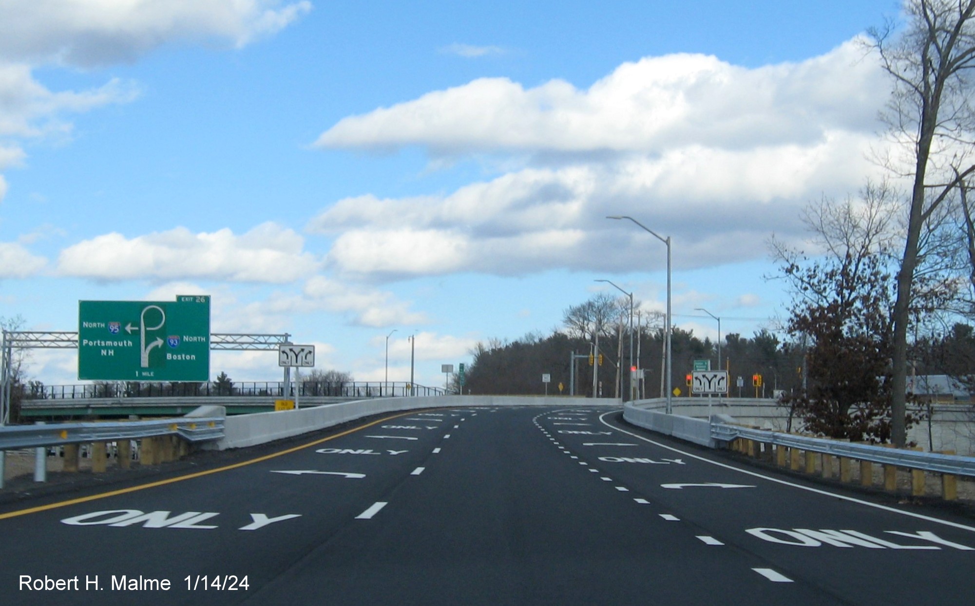 Image of pavement markings along newly opened Dedham Street exit ramp from I-95 North in Canton, January 2024