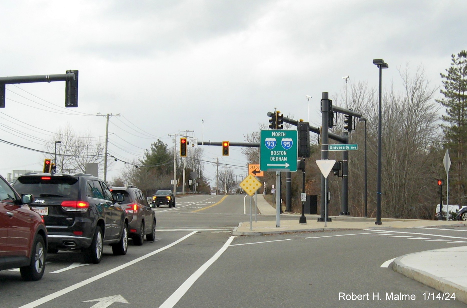 Image of guide signs for I-93 and I-95 at Dedham Street intersection with University Avenue in Westwood, 
      January 2024