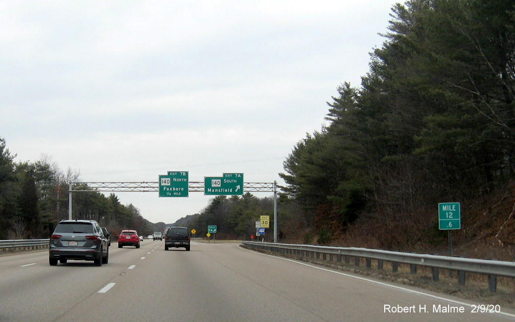 Image or orange contractor tag marking future placement of overhead signs at ramp to MA 140 South on I-95 North in Foxboro