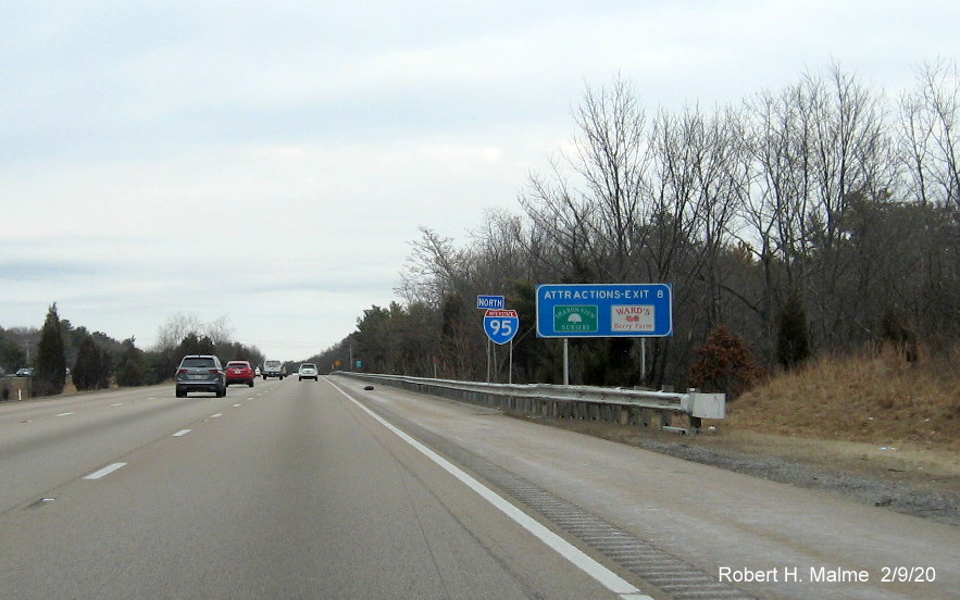 Image of relatively new North I-95 reassurance marker replacing faded wide shield version after MA 140 exit