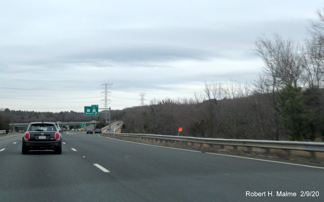 Image of orange contractor tag marking future location of overhead ramp sign for US 1/MA 27 exit on I-95 North in Sharon