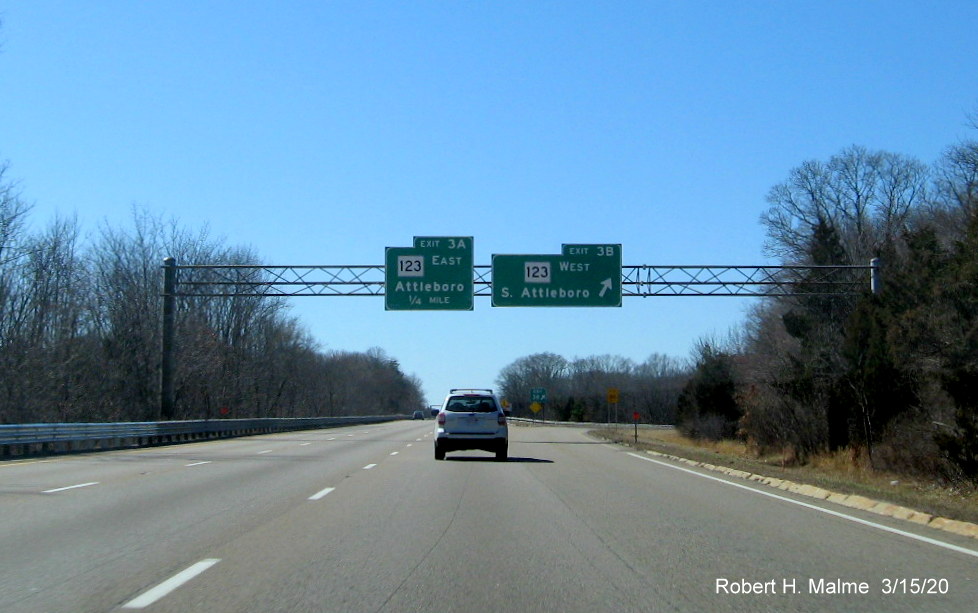 Image of contractor placement tags for future support posts for overhead signage at MA 123 West exit on I-95 South in Attleboro