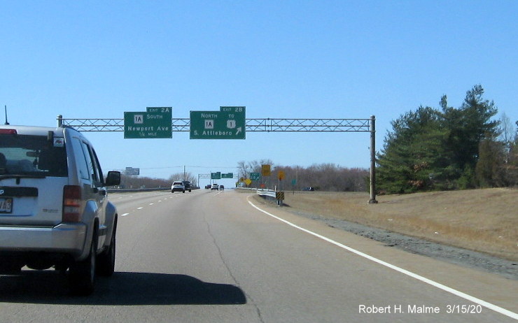 Image of contractor placement tag marking site of future overhead signage for the MA 1A interchange on I-95 South in Attleboro