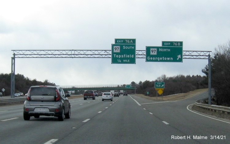 Image of overhead signage at ramp for MA 97 North exit with new milepost based exit number on I-95 South in Boxford, March 2021