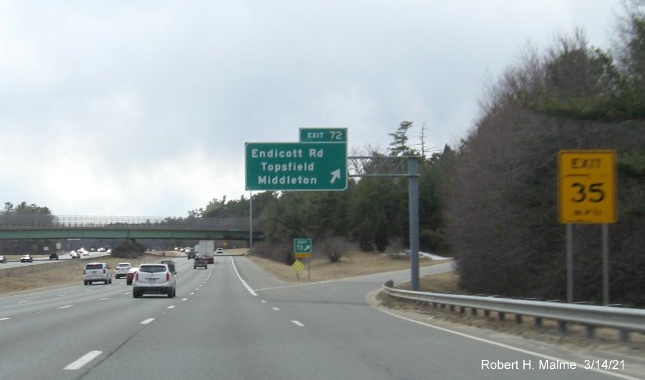 Image of overhead ramp sign for Endicott Road exit with new milepost based exit number on I-95 South in Boxford, March 2021