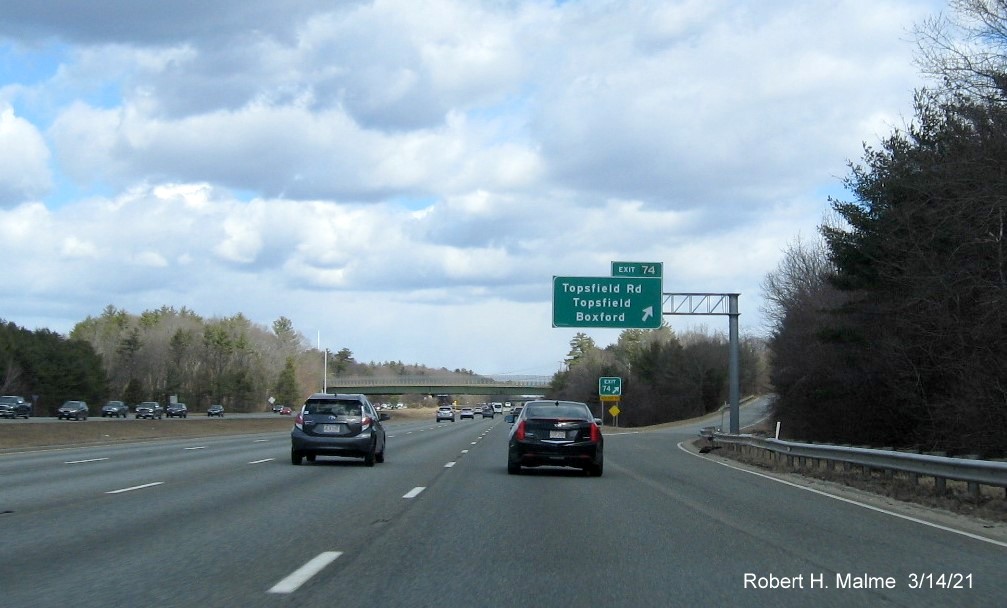 Image of overhead ramp sign for Topsfield Road with new milepost based exit number on I-95 North in Boxford, March 2021