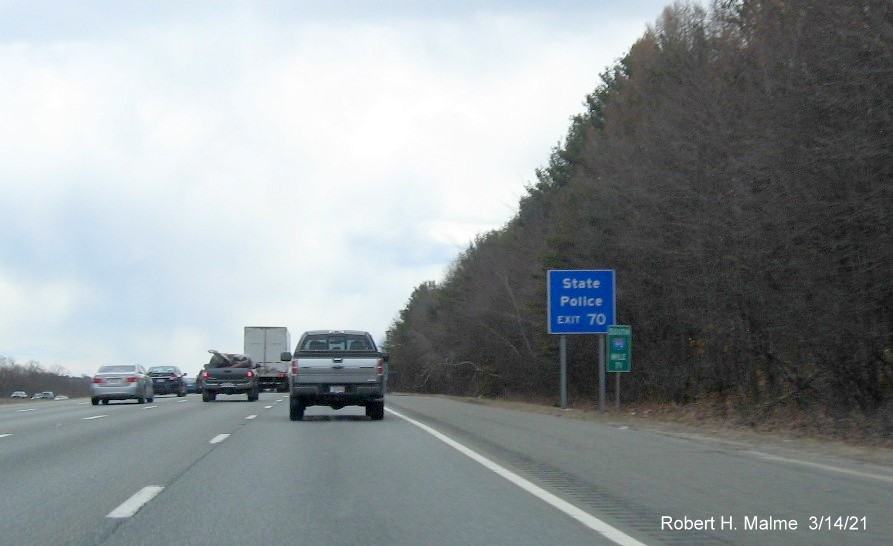 Image of auxiliary state police sign for US 1 exit with new milepost based exit number on I-95 South in Danvers, March 2021