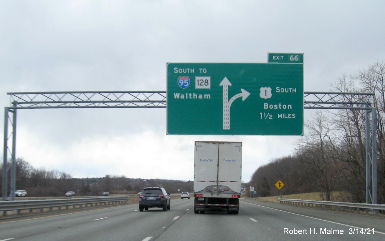 Image of 1 1/2 mile advance diagrammatic sign for US 1 South exit with new milepost based exit number on I-95 South in Danvers, March 2021